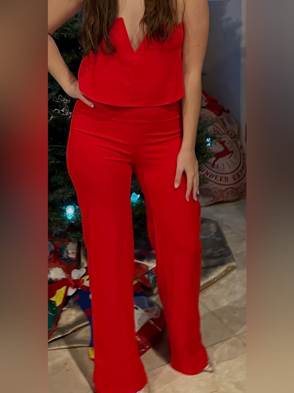 Red Strapless Wide-Leg Jumpsuit